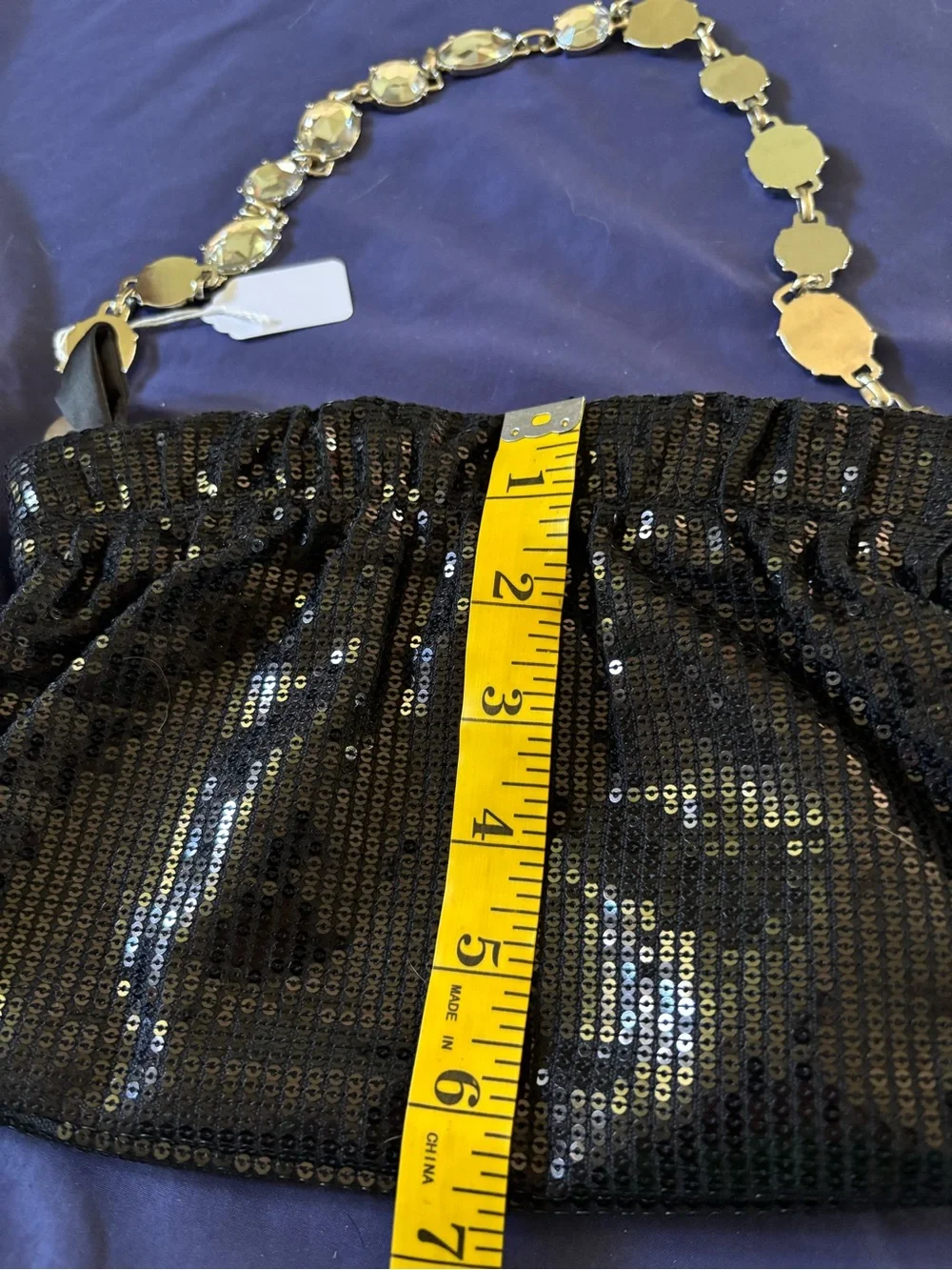 White House Black Market Black Sequin Clutch with Crystal Chain - Picture 8 of 12